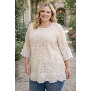 Alfani Ivory Lace Tunic Top 3X Sheer Floral Lace 3/4 Sleeve Boho